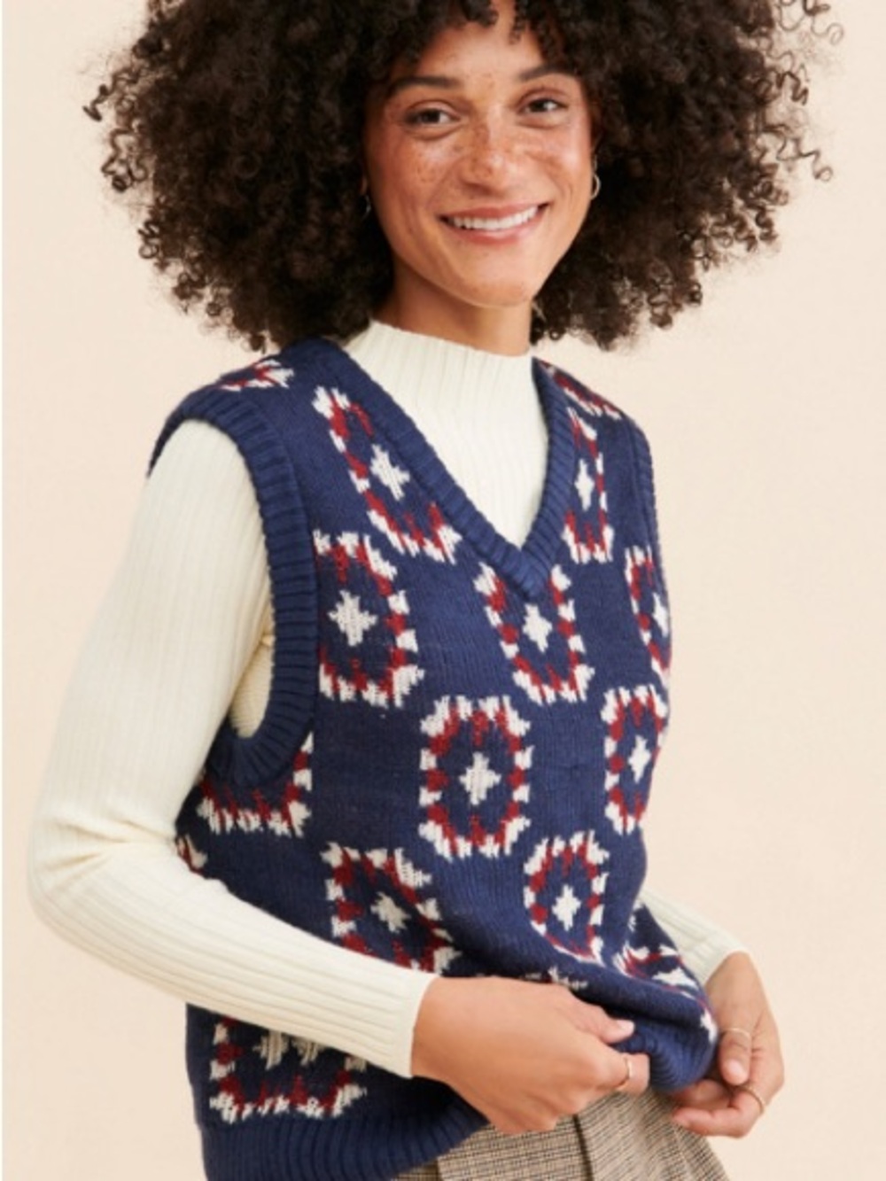 BDG Navy V-Neck Patterned Knit Sweater Vest with Red and White Accents